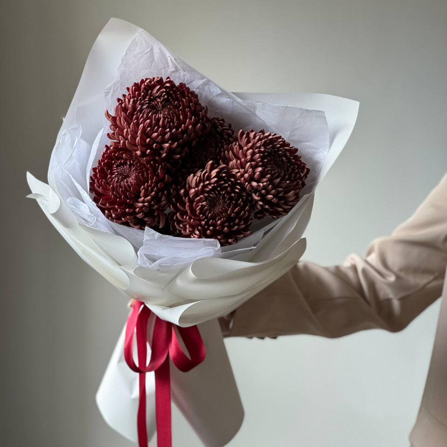 Монобукет из 5 Хризантем Бигуди