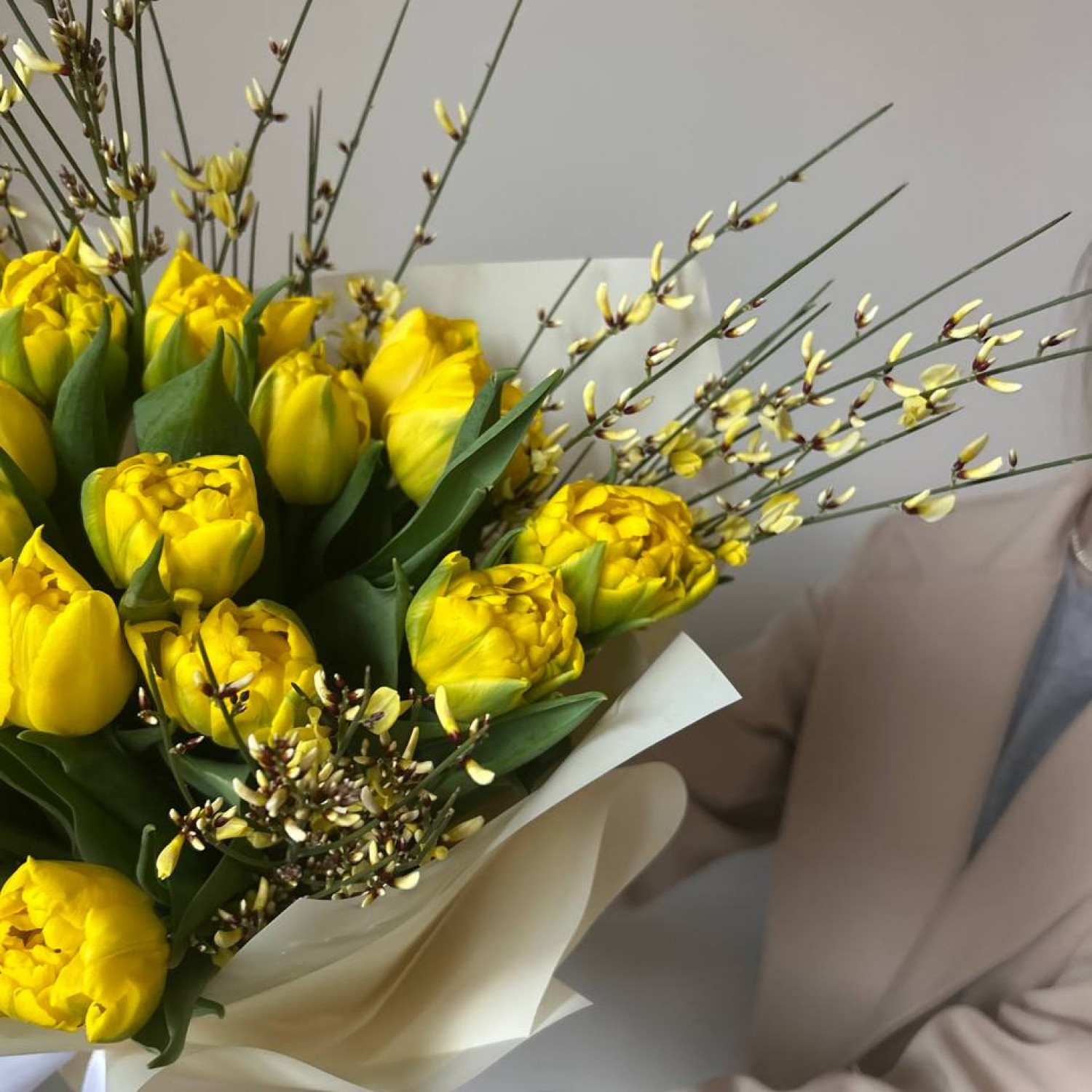 Весенний букет из лимонных тюльпанов и генисты