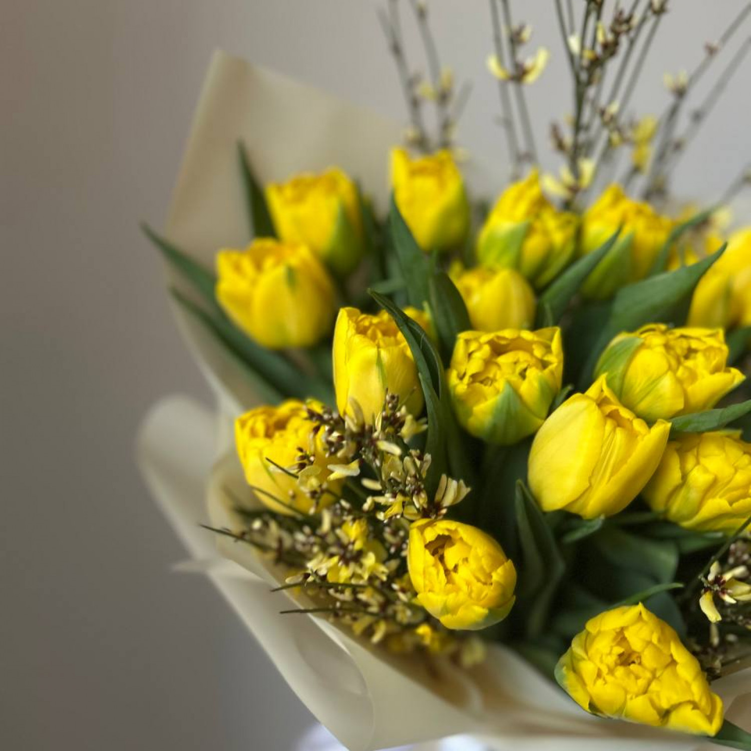 Весенний букет из лимонных тюльпанов и генисты