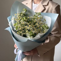 Сборный летний букет из кустовых ромашек и незабудок