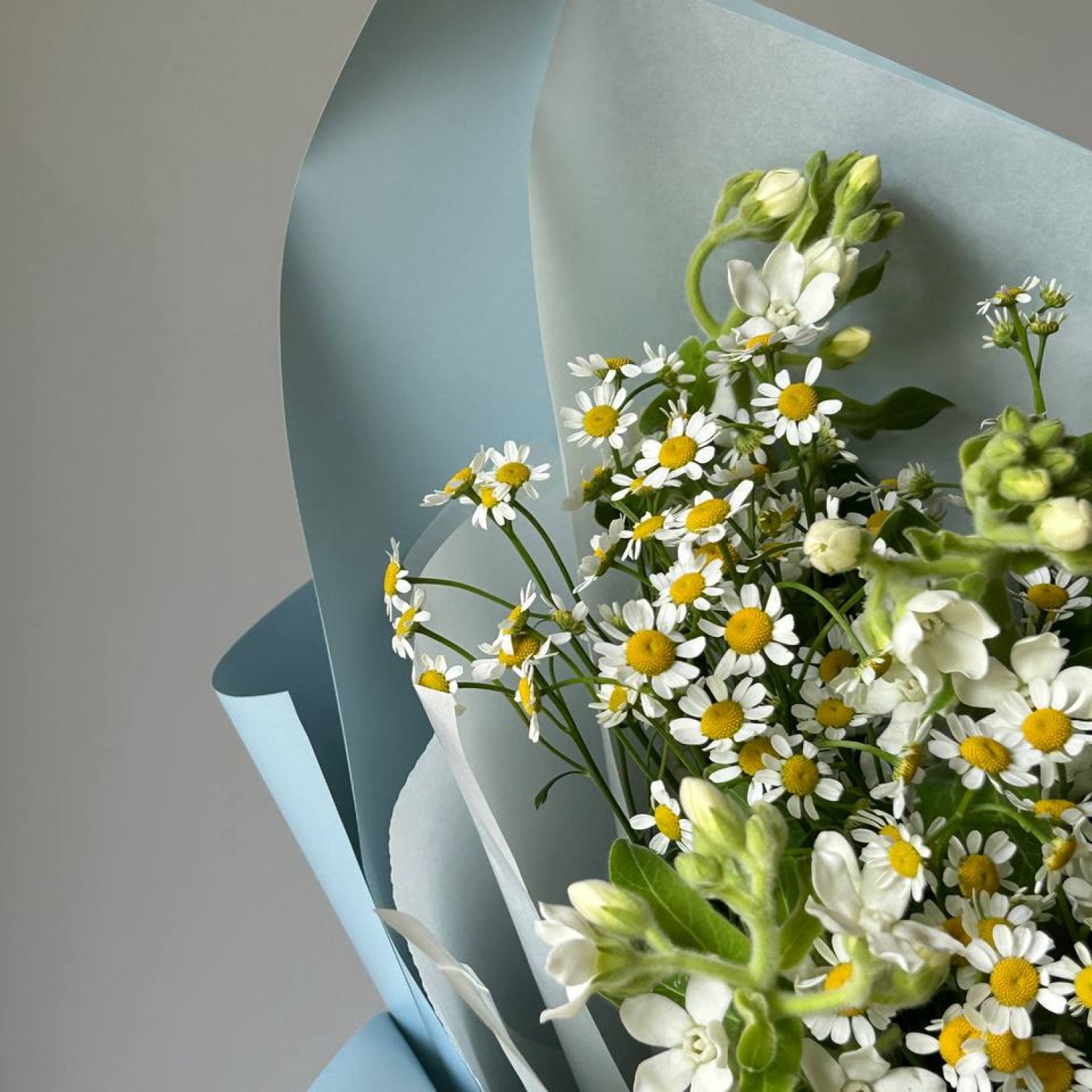 Сборный летний букет из кустовых ромашек и незабудок