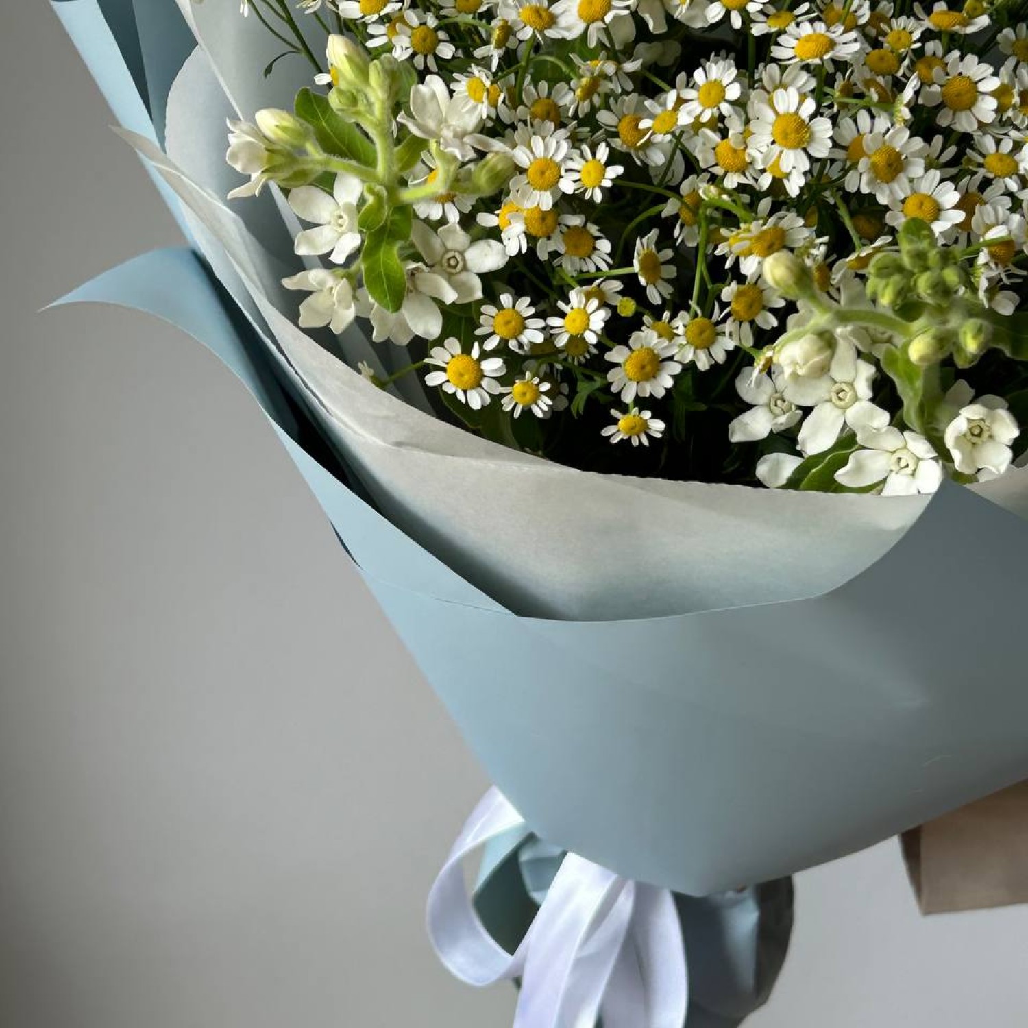 Сборный летний букет из кустовых ромашек и незабудок