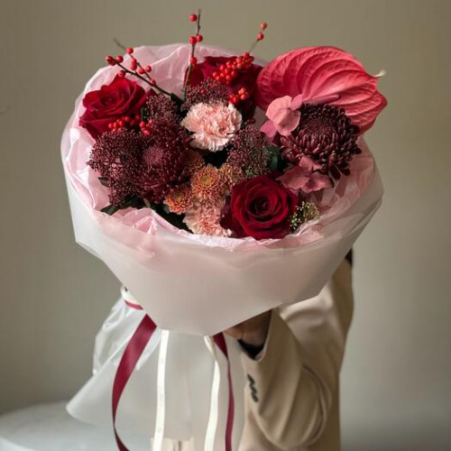 Авторский букет в осенней гамме с Антуриумом 023